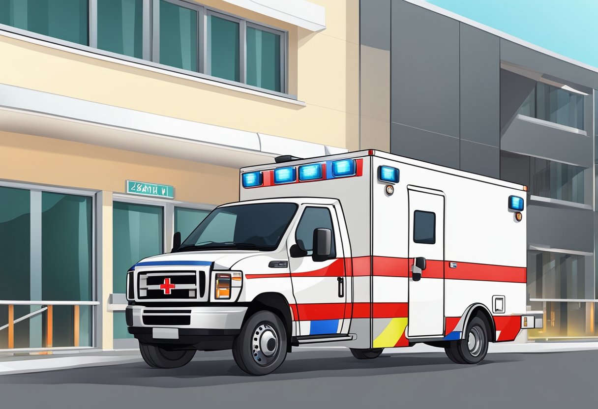 Uma ambulância particular estacionada do lado de fora de uma unidade médica, com suas luzes de emergência piscando e equipamentos médicos visíveis através das janelas.