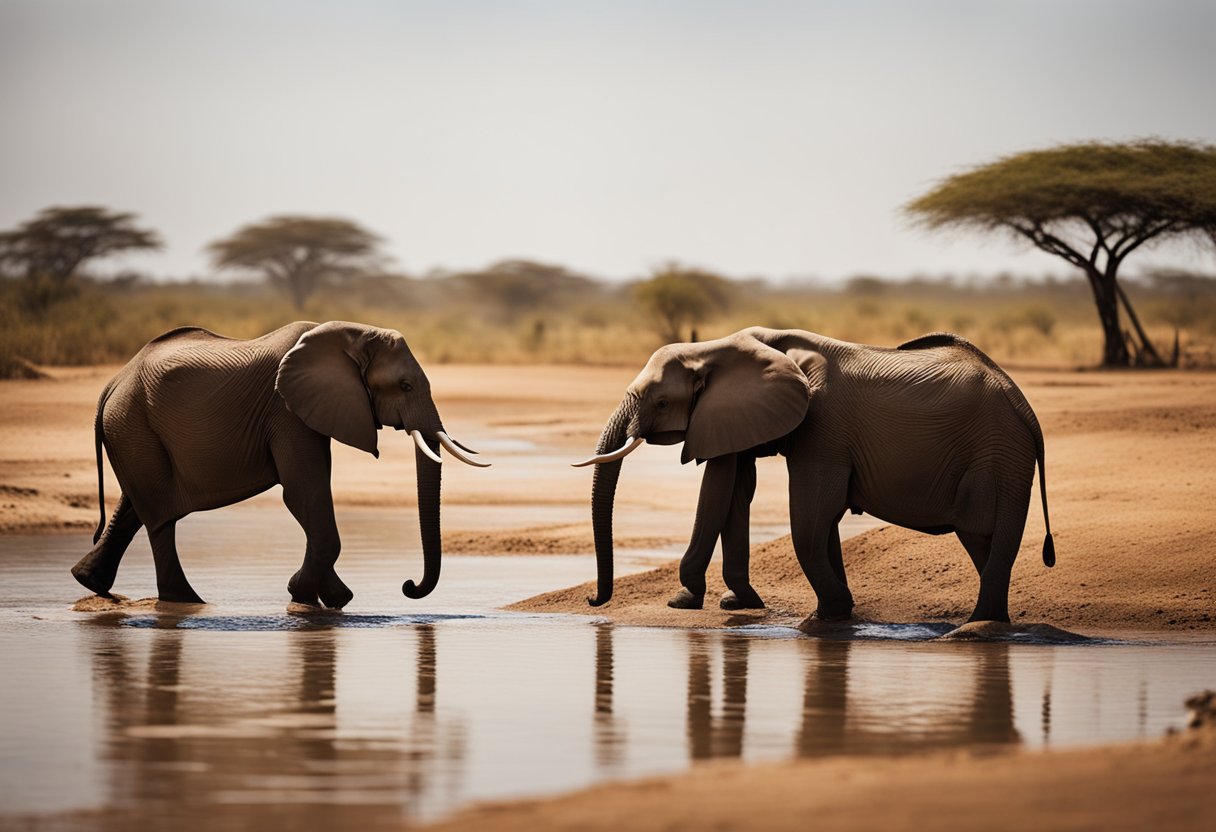 Um grupo diversificado de animais africanos se reúne em um poço de água, suas cores vibrantes e padrões refletindo a rica diversidade linguística do continente.