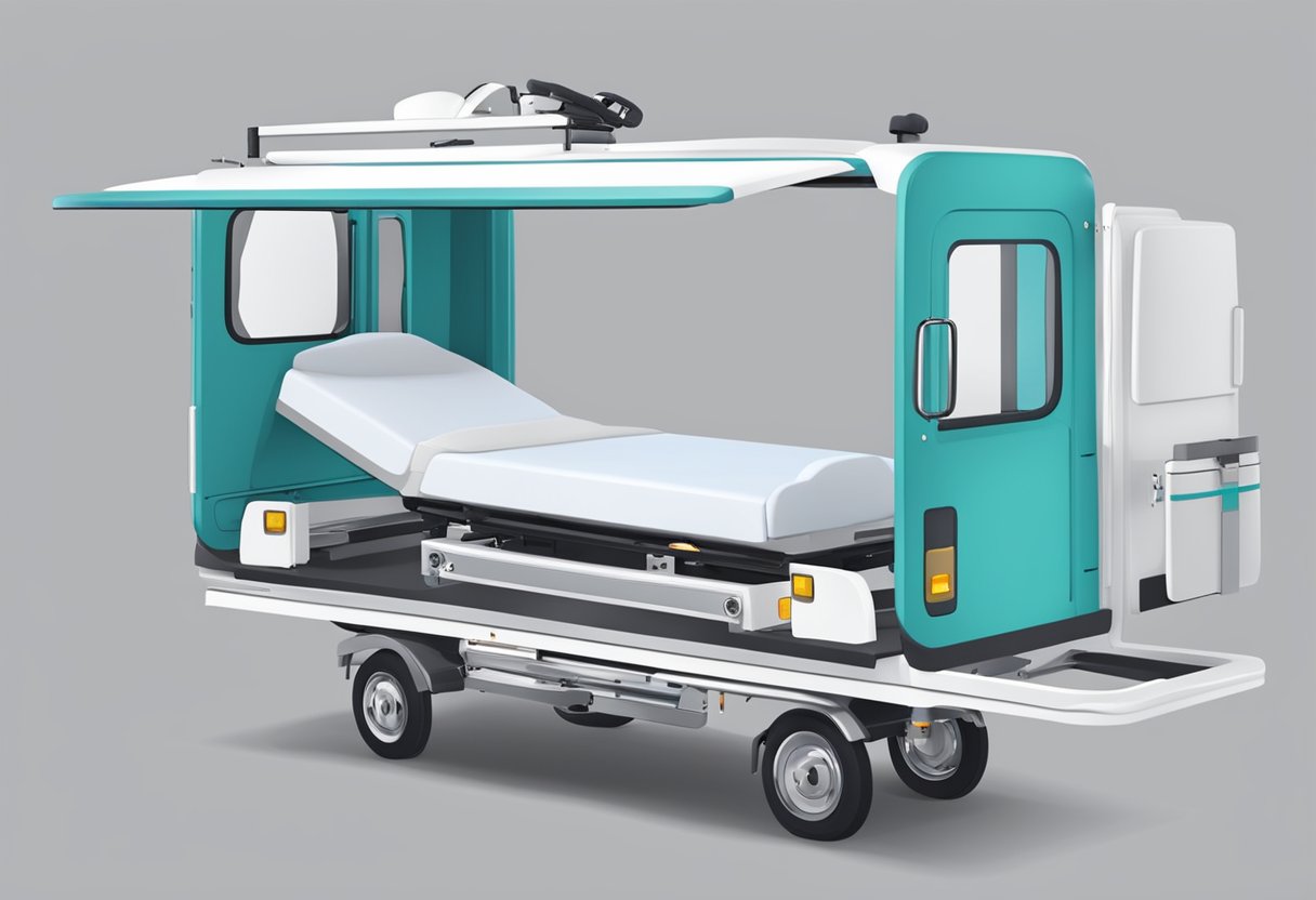 Um veículo médico especializado com um elevador hidráulico e cama ajustável dentro para transportar pacientes acamados.