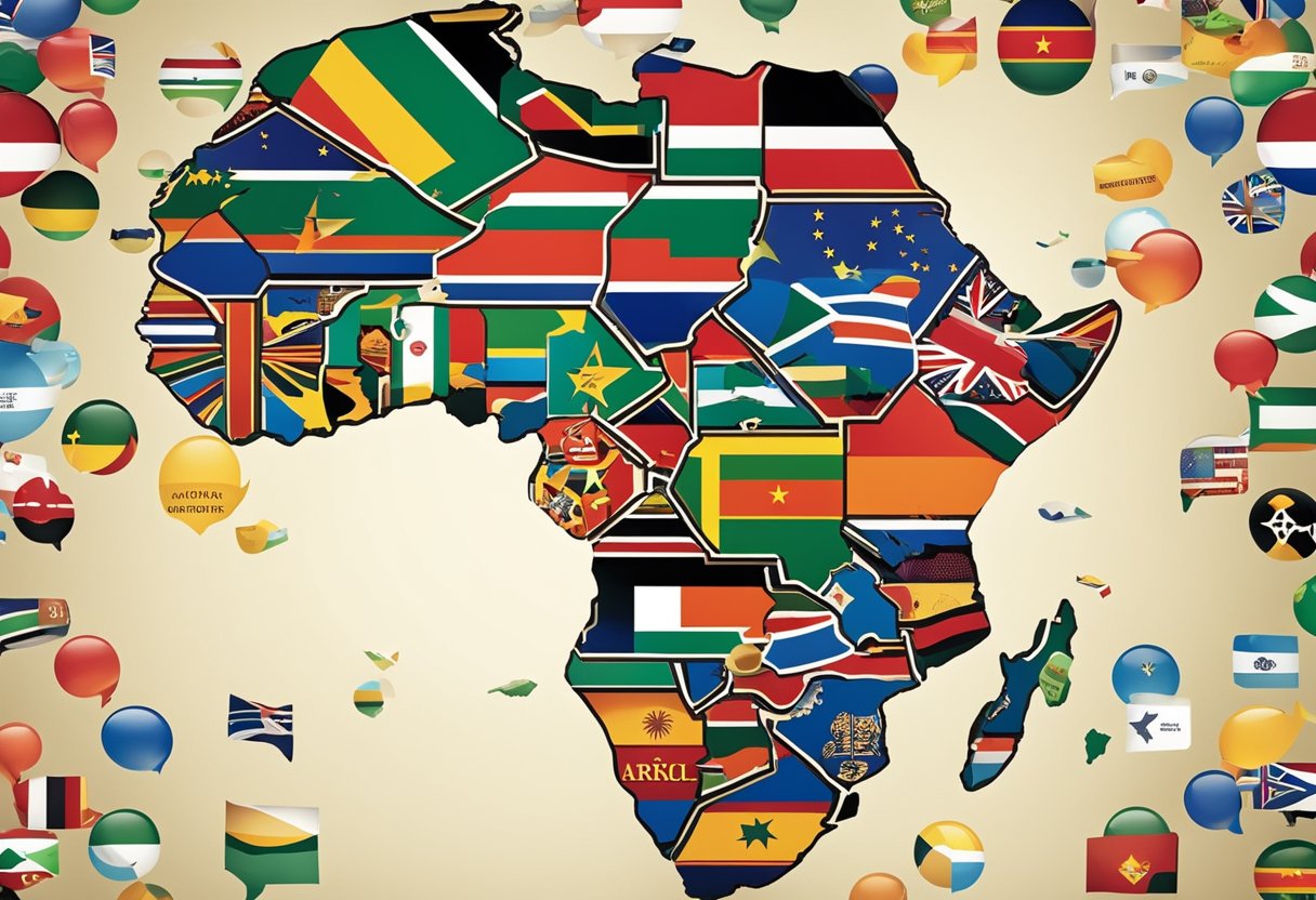 Um mapa colorido da África com várias balões de fala representando diferentes idiomas falados pelo continente