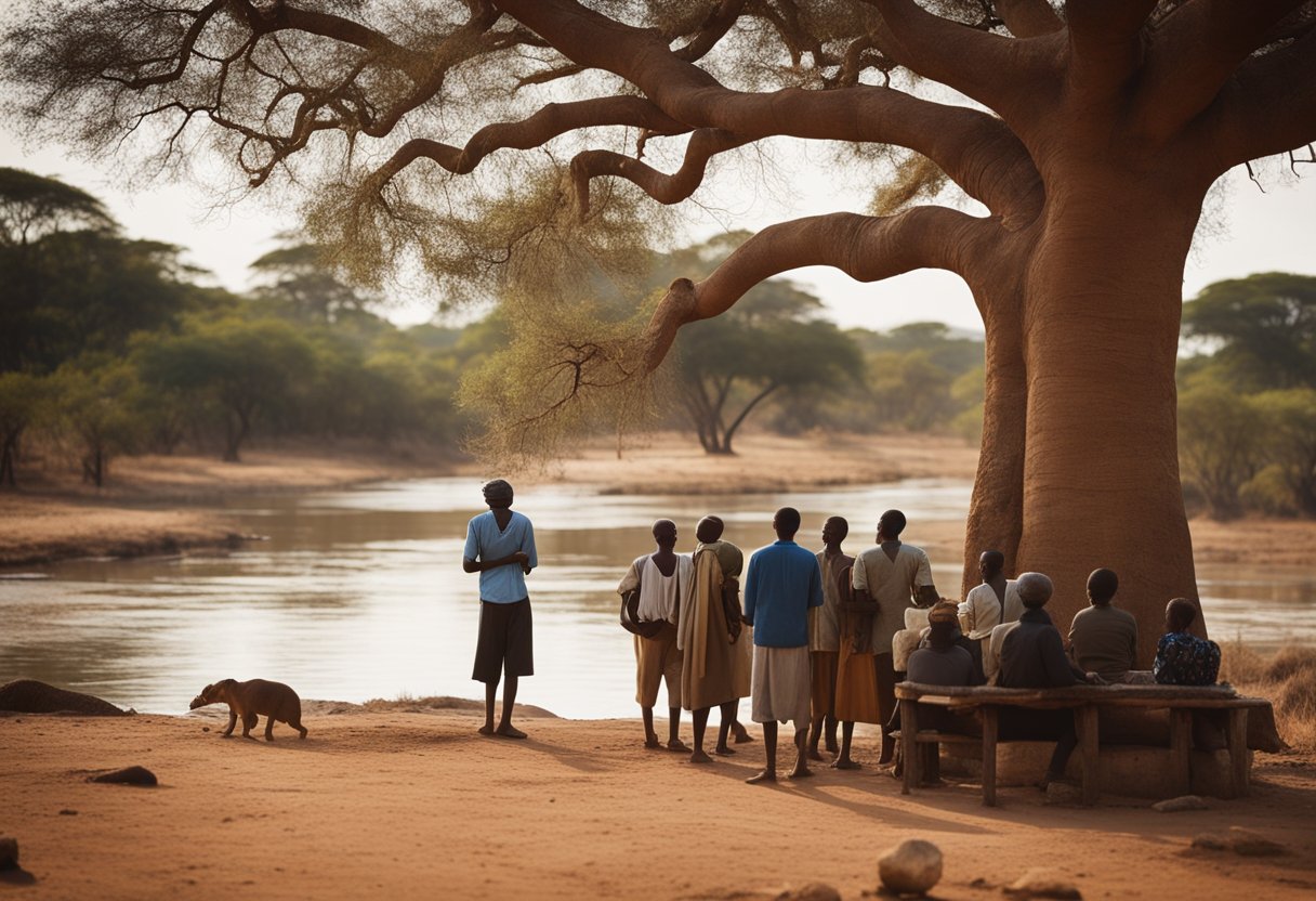 Paisagem africana com vida selvagem diversificada, incluindo uma árvore baobá e um rio fluindo, com pessoas de língua portuguesa conversando ao fundo.