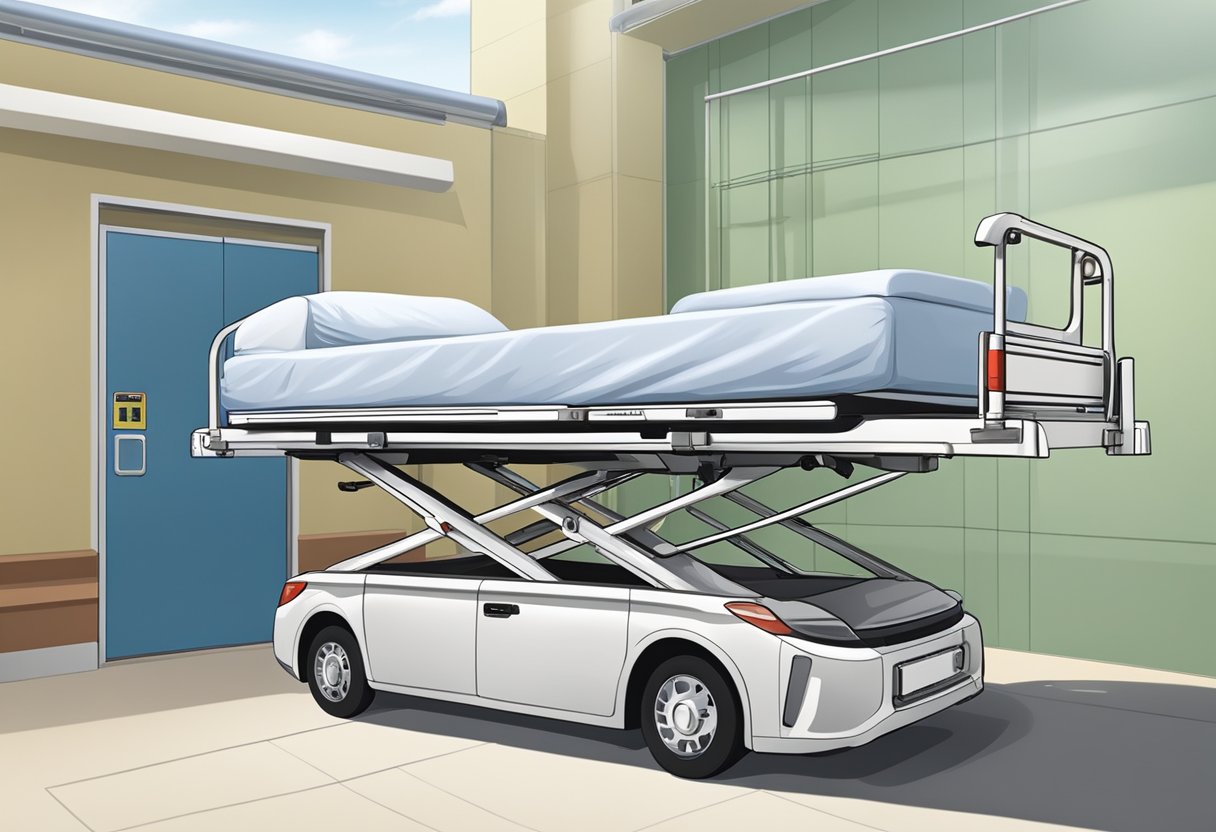 Um veículo especialmente projetado com um sistema de elevação hidráulica carregando uma cama hospitalar ocupada no compartimento traseiro