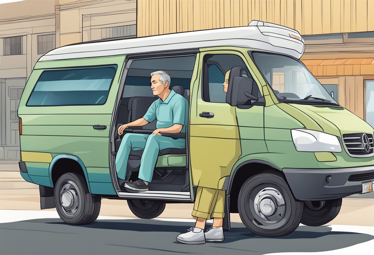 Uma pessoa não médica ajudando cuidadosamente um paciente acamado a entrar em um veículo de transporte especialmente projetado.