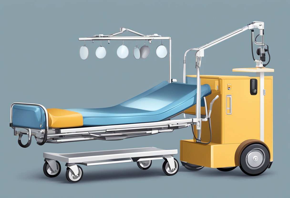 Um veículo especializado com uma plataforma hidráulica e dispositivos de segurança para o transporte de pacientes acamados.