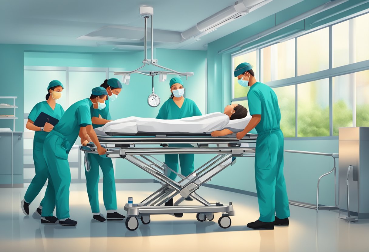 Uma equipe de profissionais de saúde transfere cuidadosamente um paciente de uma cama para uma maca especializada, garantindo seu conforto e segurança durante o processo.