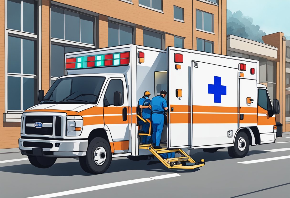 Uma ambulância com um elevador especializado carregando uma maca na parte de trás, enquanto uma equipe de profissionais de saúde coordena a transferência.