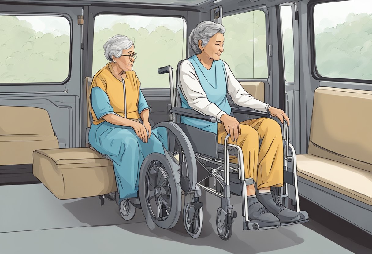 Um cuidador ajuda suavemente uma pessoa acamada a entrar em um veículo de transporte especialmente projetado. O cuidador garante o conforto e a segurança da pessoa durante a transferência.