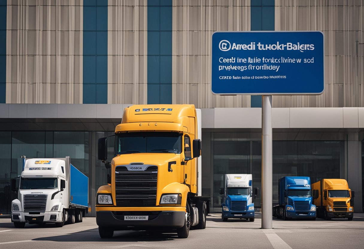 Uma fila de caminhões esperando em frente a uma agência do banco Caixa, com uma placa indicando "linha de crédito para caminhoneiros disponível agora."