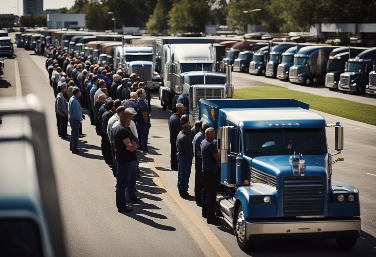 Um grupo de caminhoneiros se alinha em um banco, esperando para solicitar uma nova linha de crédito projetada especificamente para sua indústria.