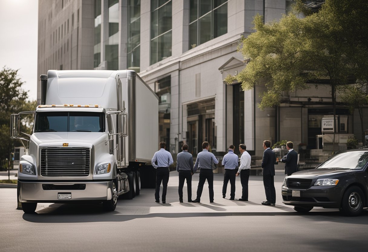 Uma fila de caminhões espera do lado de fora de um banco, enquanto um banqueiro revisa documentos e um caminhoneiro preenche formulários.