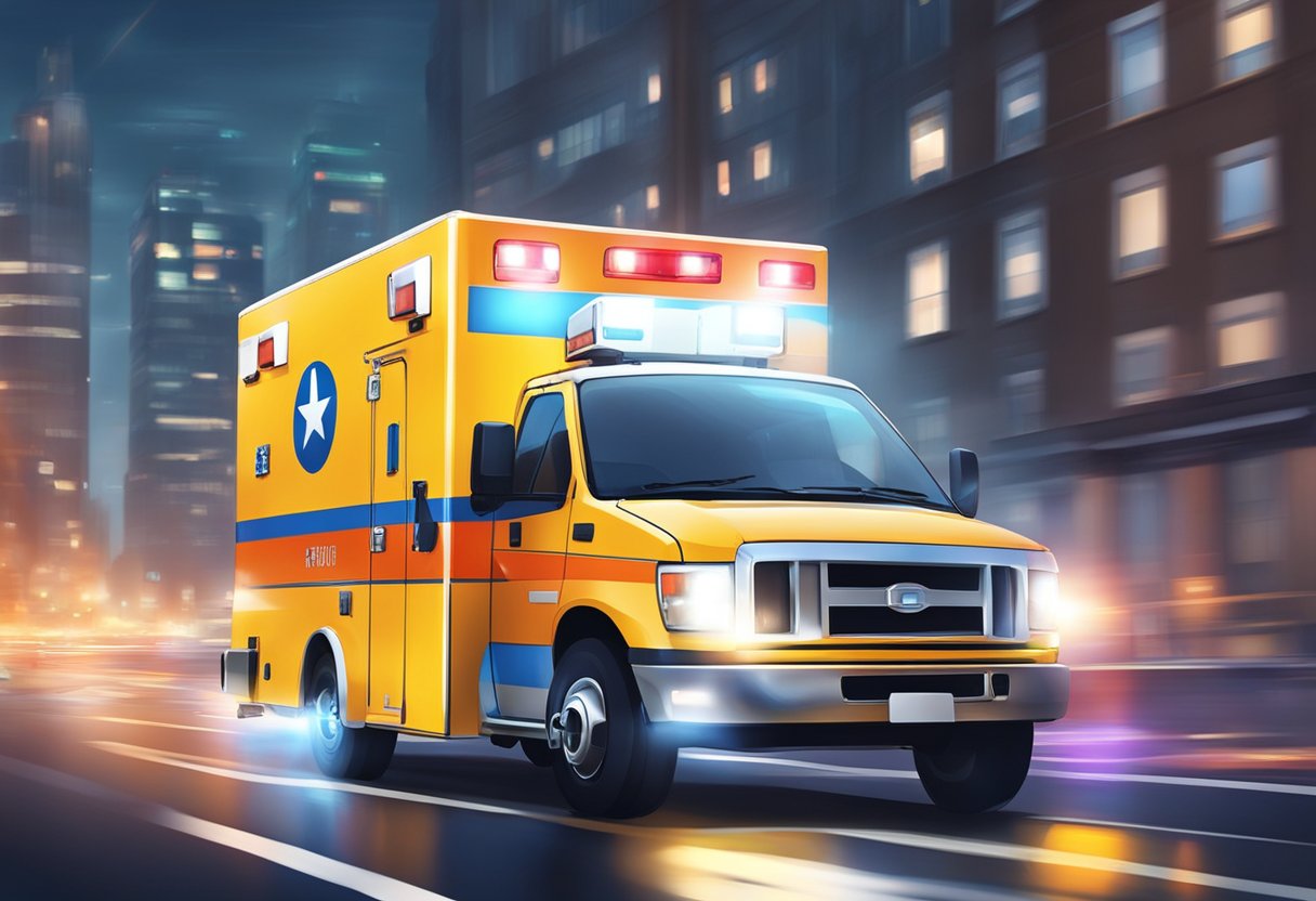 Uma ambulância particular correndo pelas ruas da cidade com luzes piscando e sirenes soando