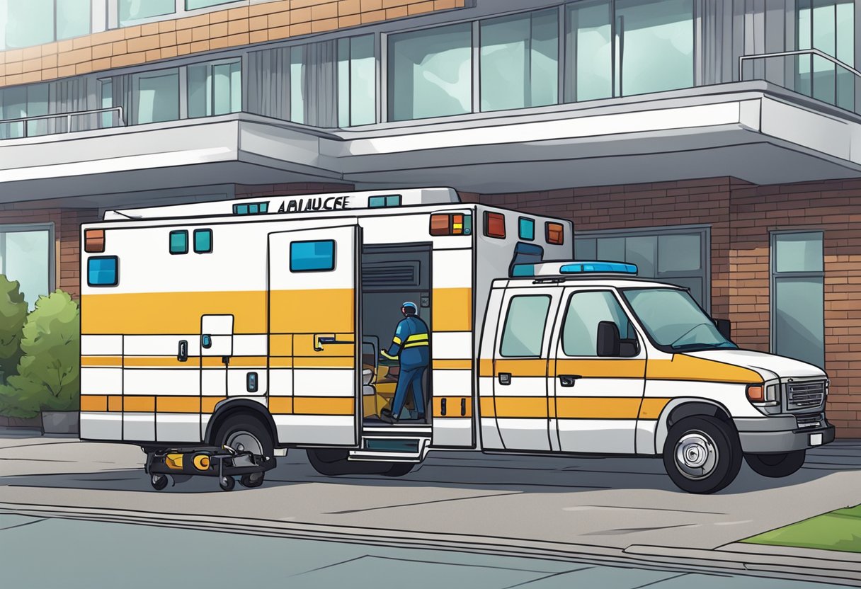 Uma ambulância particular estacionada do lado de fora de um hospital, com paramédicos ajudando um paciente em uma maca.