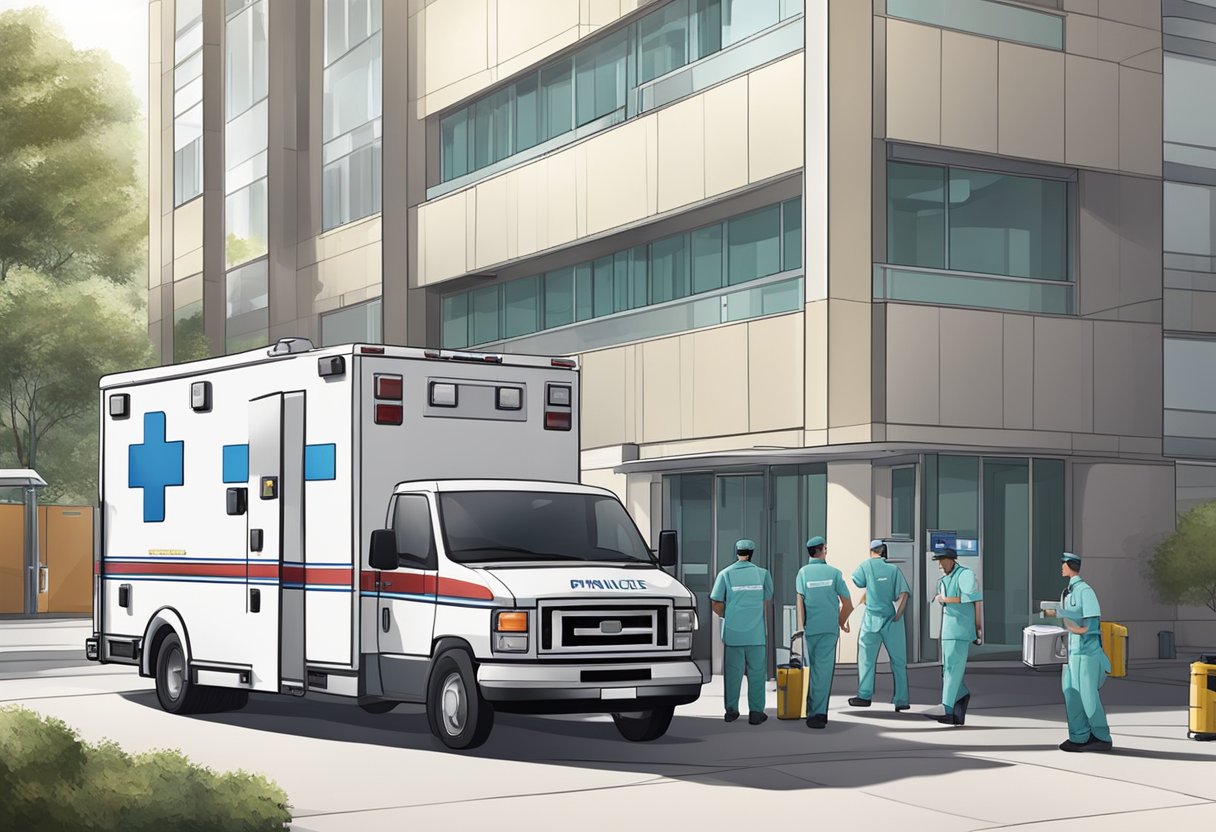 Uma ambulância particular estacionada em frente a um hospital, com um paramédico carregando equipamentos médicos no veículo.