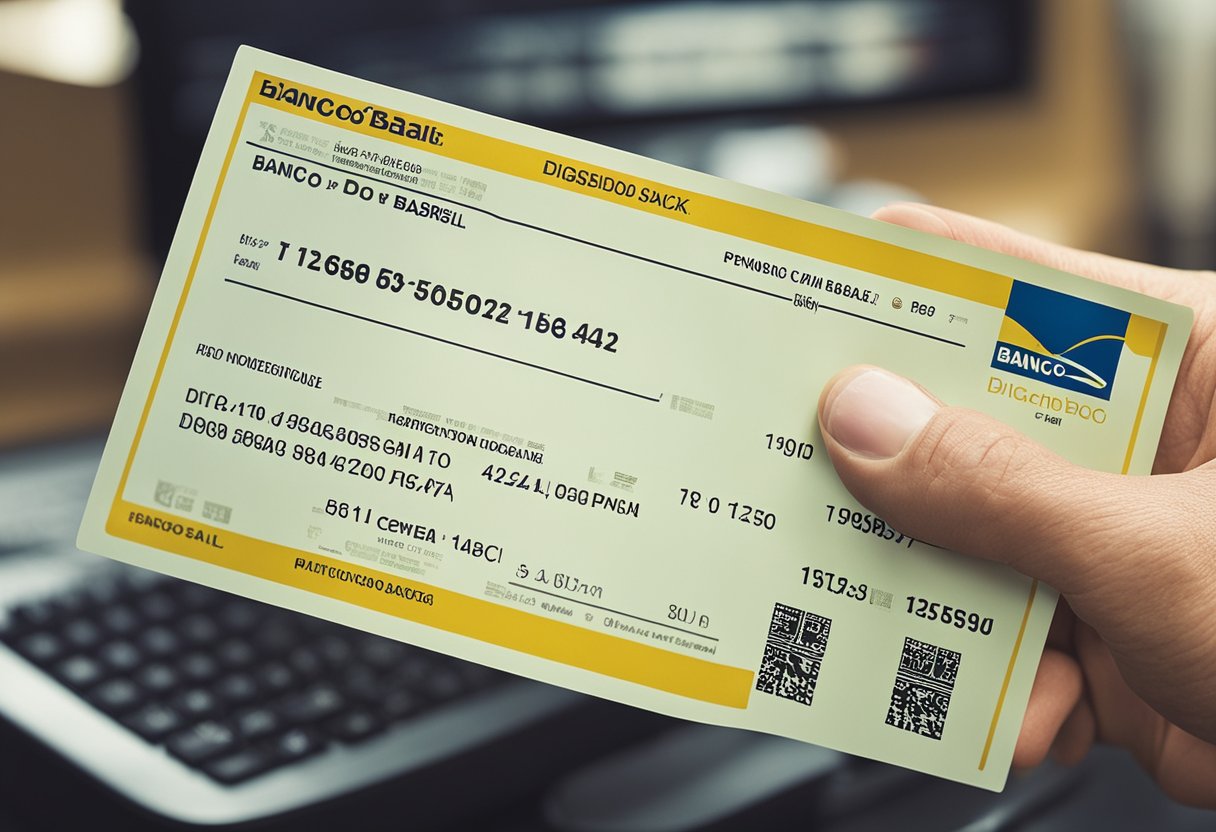 Uma mão segurando um boleto bancário com a linha digitável visível, ao lado de uma tela de computador mostrando o site do Banco do Brasil