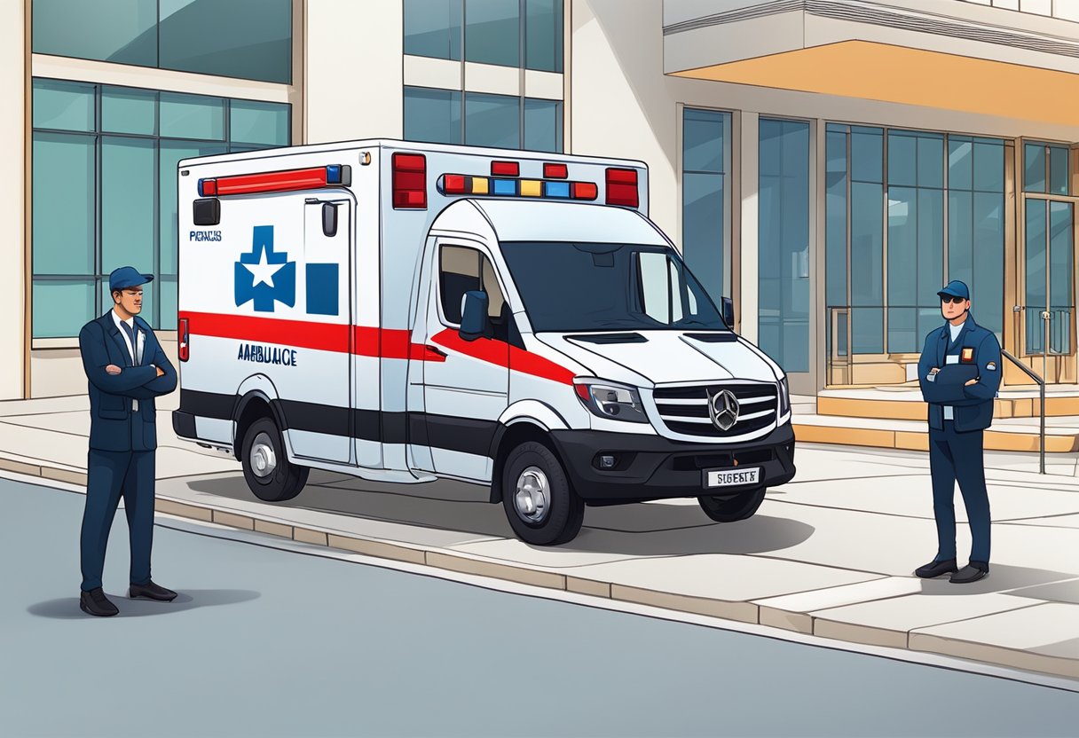Uma equipe profissional com credenciais ao lado de uma ambulância particular