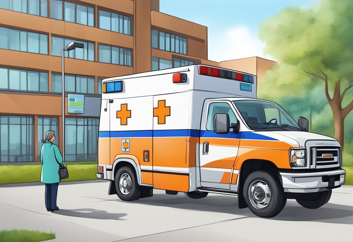 Uma ambulância particular estacionada em frente a um hospital, com uma pessoa perguntando sobre custo e disponibilidade na recepção.