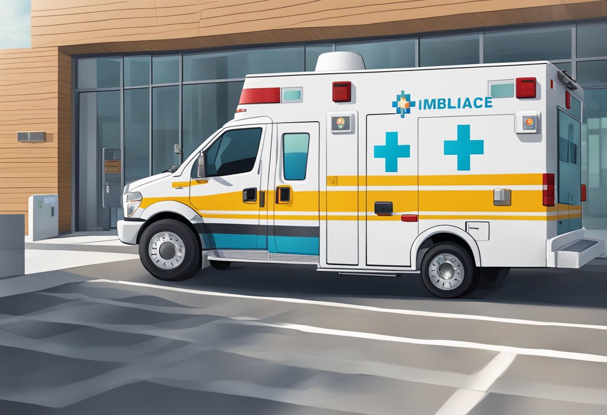 Uma ambulância particular estacionada do lado de fora de uma unidade médica, com equipamentos médicos visíveis através das janelas