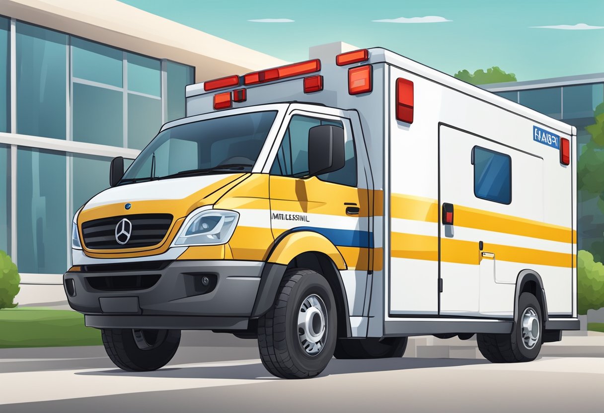 Uma ambulância particular estacionada do lado de fora de um hospital, com um interior confortável e recursos de segurança.