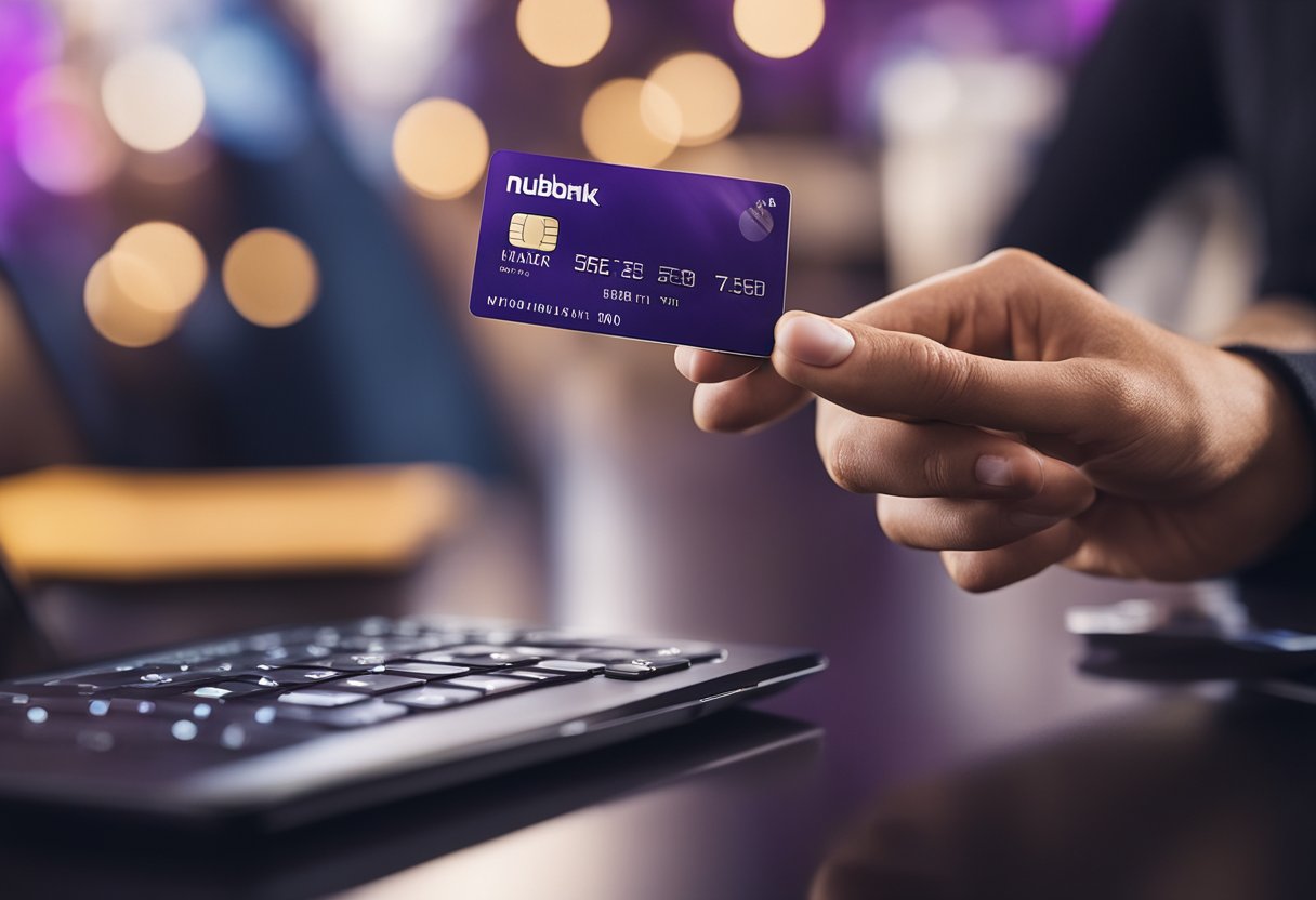 Uma mão segurando um cartão de crédito Nubank, com um smartphone exibindo um link de pagamento