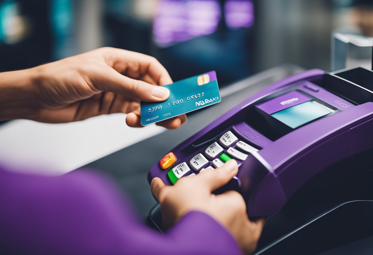Um cartão de crédito Nubank sendo passado em um terminal de pagamento, com um processo de transação seguro e fácil.