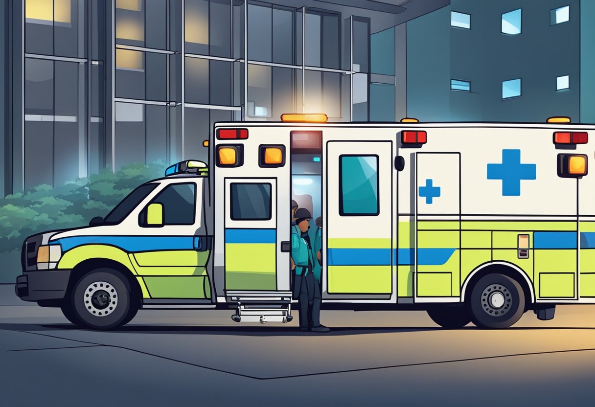 Uma ambulância estacionada do lado de fora de um hospital, com suas luzes piscando e paramédicos atendendo a um paciente em uma maca