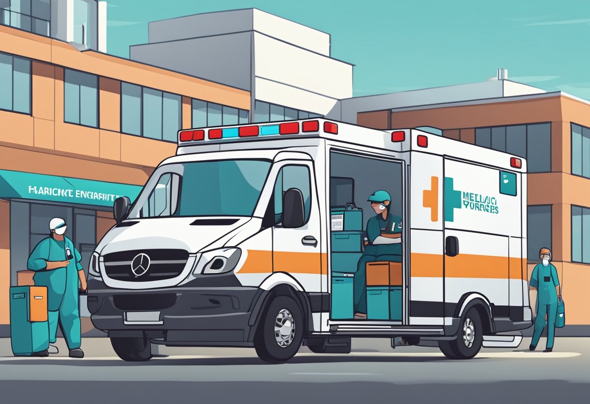 Uma ambulância estacionada do lado de fora de um hospital, com equipamentos e suprimentos médicos sendo carregados no veículo por profissionais de saúde.