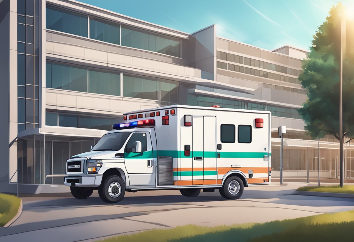 Uma ambulância estacionada do lado de fora de um hospital, com suas luzes de emergência piscando e equipamentos médicos visíveis através das janelas.