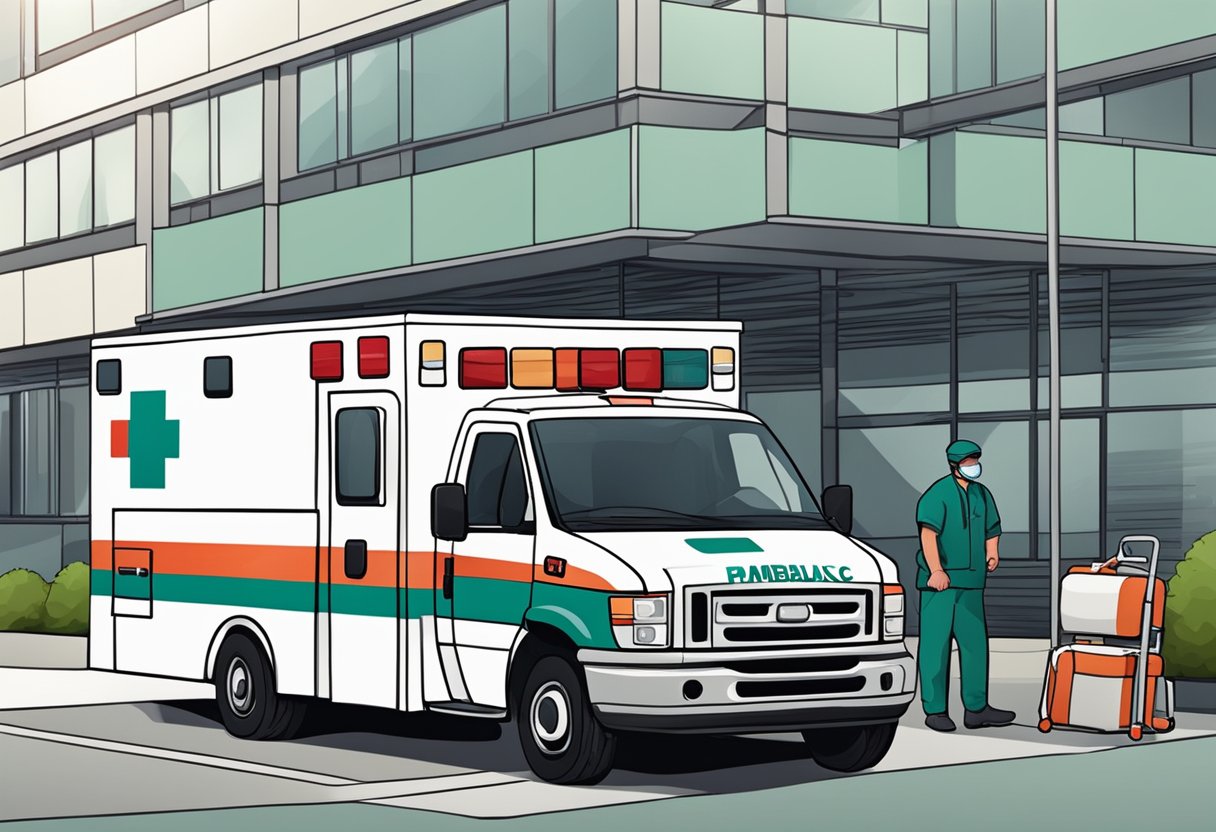 Uma ambulância estacionada do lado de fora de um hospital, com um paramédico carregando equipamentos médicos na parte de trás.