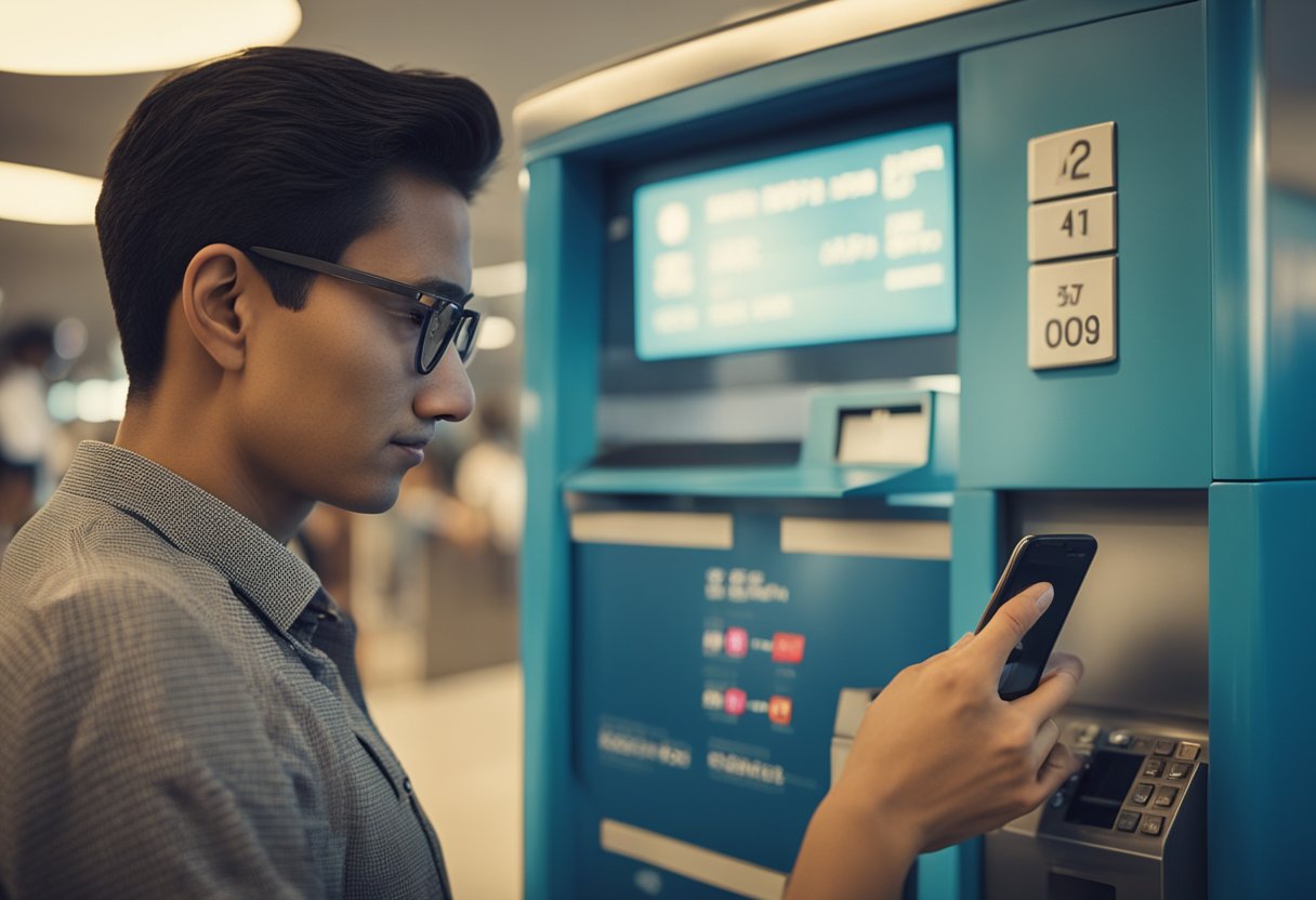 Uma pessoa usando um smartphone para discar um número enquanto está em frente a uma agência da Caixa Econômica Federal