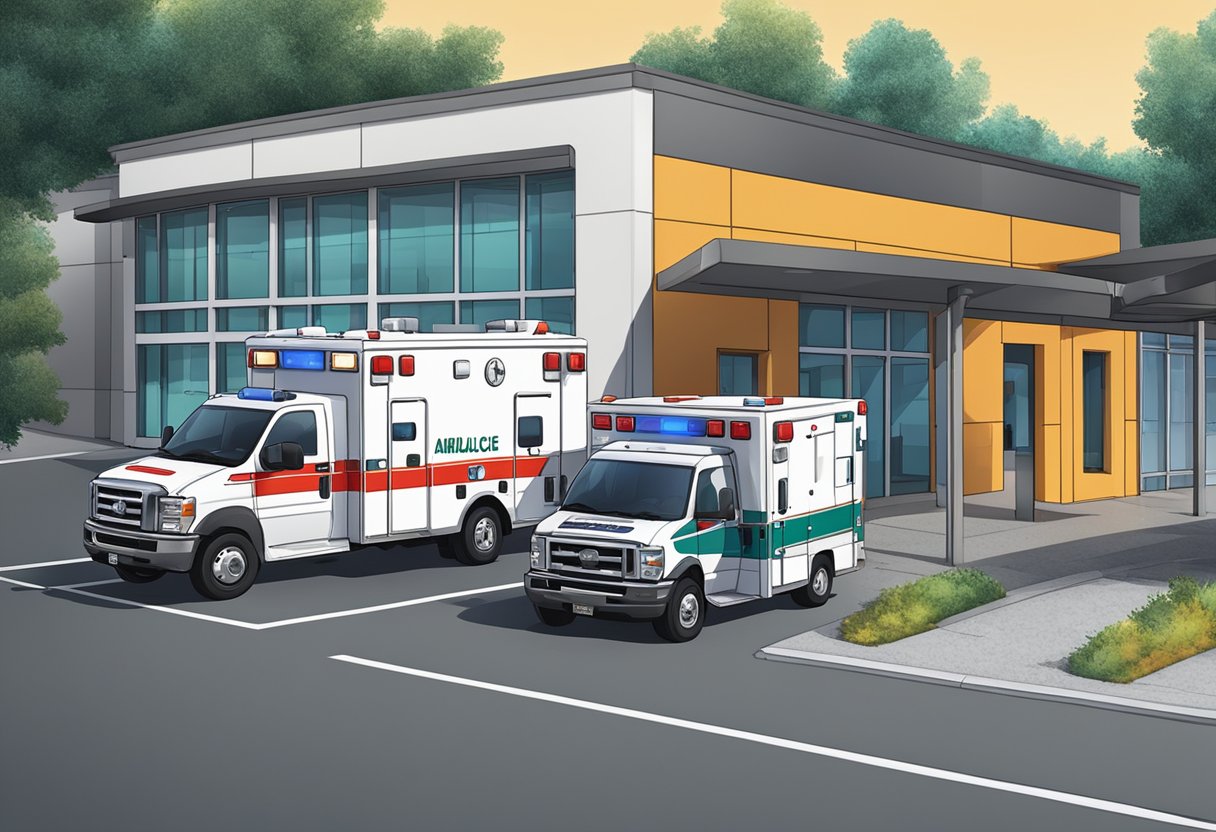 Uma ambulância estacionada do lado de fora de uma unidade de saúde, com paramédicos carregando equipamentos.