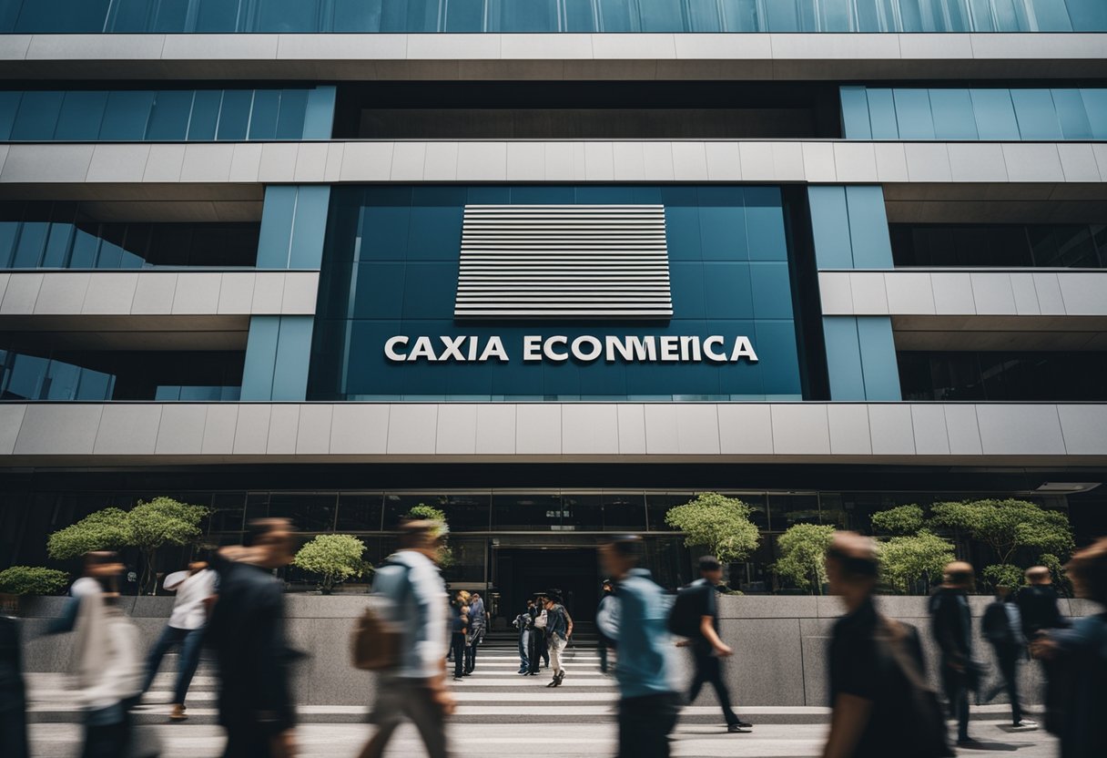 O edifício da Caixa Econômica Federal com seu logotipo distinto, cercado por pessoas entrando e saindo.