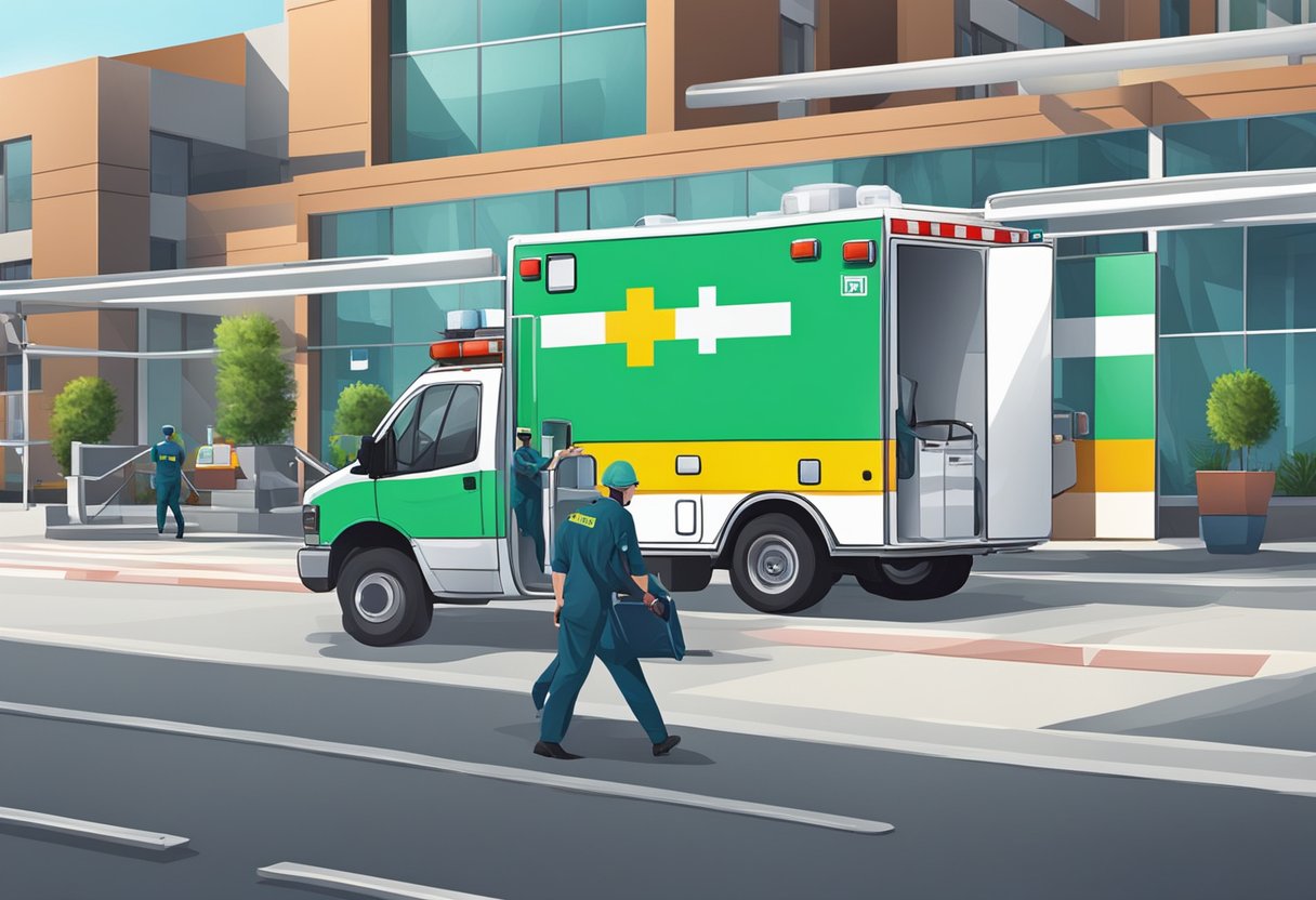 Uma ambulância estacionada em frente a um hospital, com paramédicos descarregando equipamentos médicos.