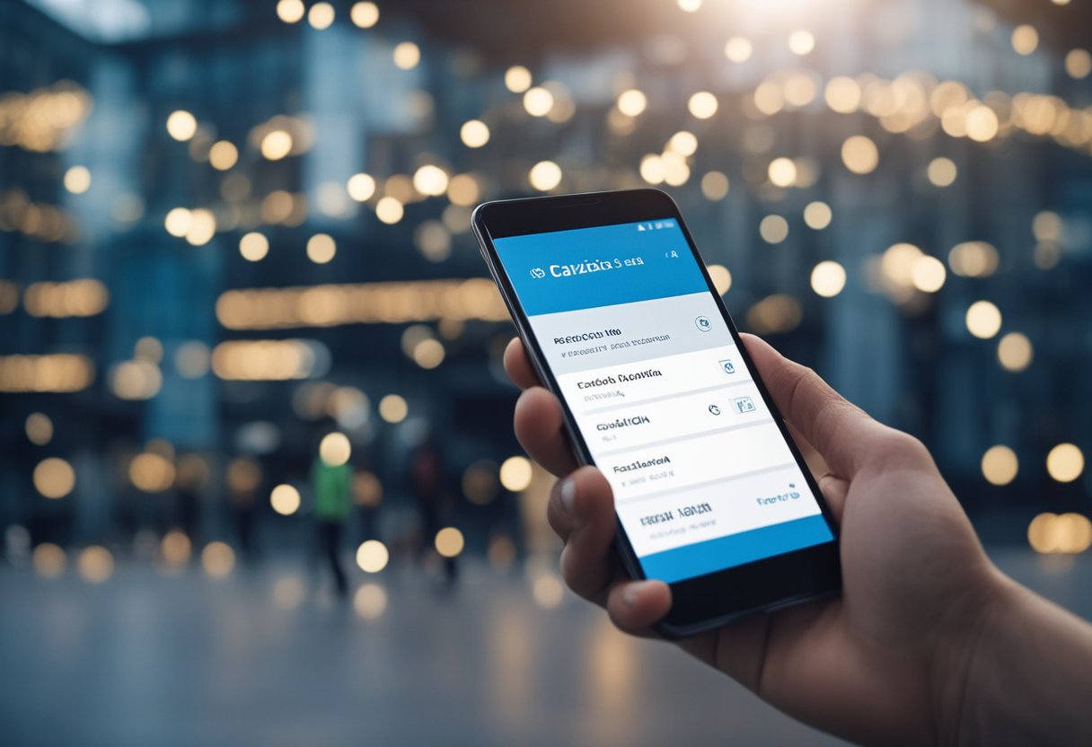 Uma pessoa usando um smartphone para procurar a localização de uma agência da Caixa Econômica Federal, digitando um número na barra de pesquisa.