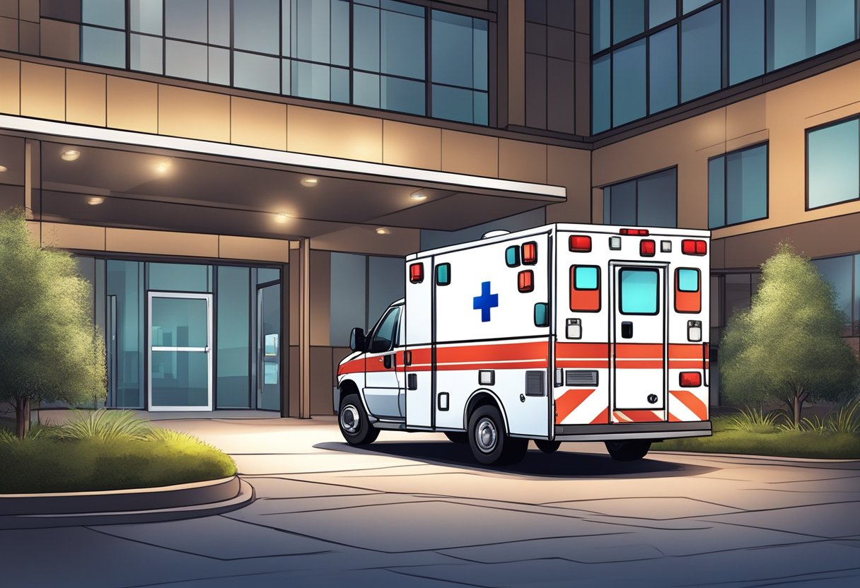 Uma ambulância estacionada do lado de fora de um hospital, com as luzes piscando e as portas traseiras abertas, pronta para receber pacientes.