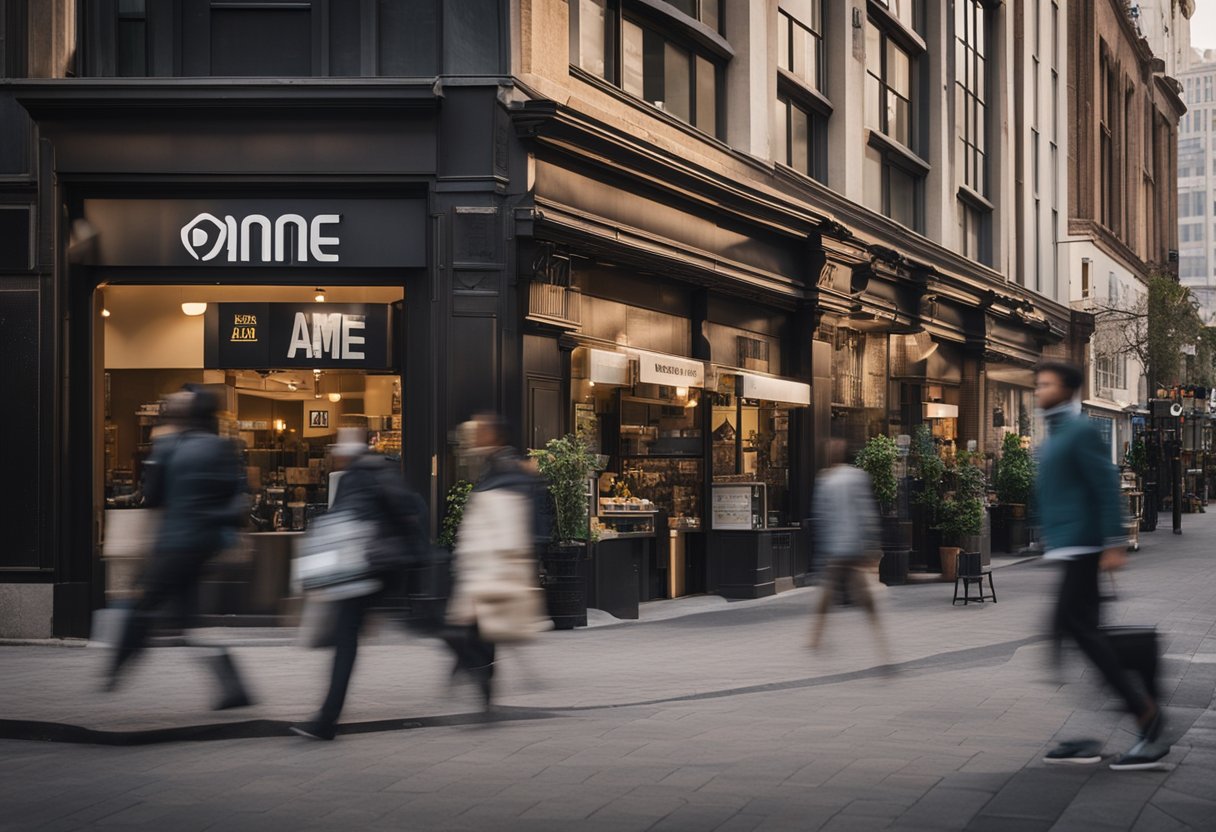 Uma rua movimentada com várias lojas exibindo o logo da Ame Digital, indicando que aceitam Ame como forma de pagamento.