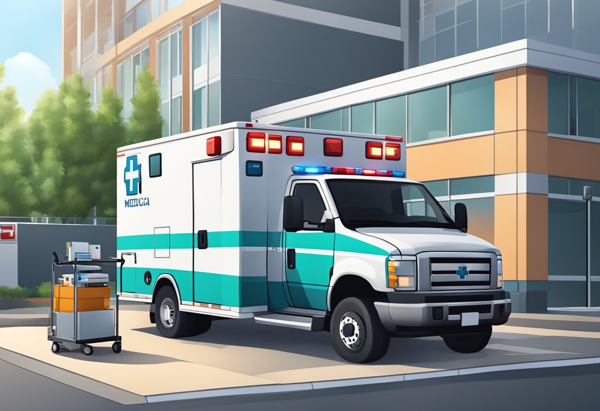 Uma ambulância estacionada do lado de fora de um hospital, com equipamentos e tecnologia médica sendo descarregados por paramédicos.