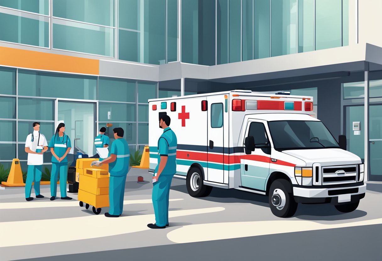 Uma ambulância estacionada do lado de fora de um hospital, com paramédicos descarregando equipamentos médicos e se preparando para transportar um paciente.