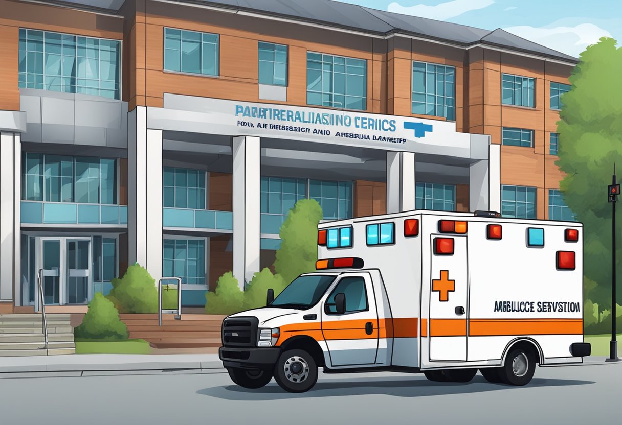 Uma ambulância estacionada do lado de fora de um hospital, com paramédicos carregando equipamentos. Um sinal exibe "Serviços de Ambulância de Regulamentação e Parceria" ao fundo.