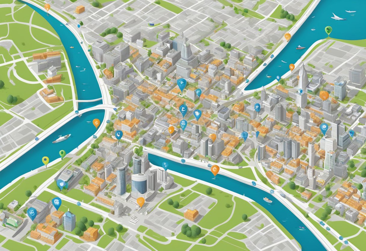 Um mapa de uma cidade com vários locais marcados para serviços de ambulância
