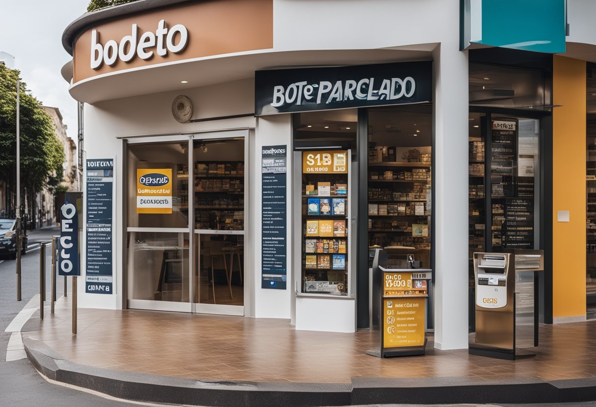 Uma vitrine com várias placas anunciando opções de pagamento "boleto parcelado"