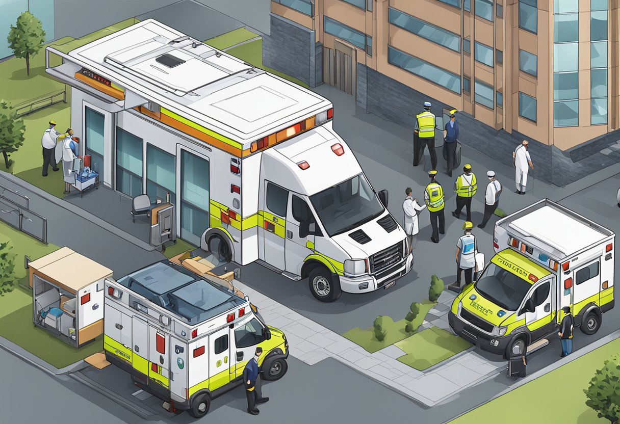 Uma ambulância estacionada do lado de fora de um hospital, com paramédicos descarregando equipamentos