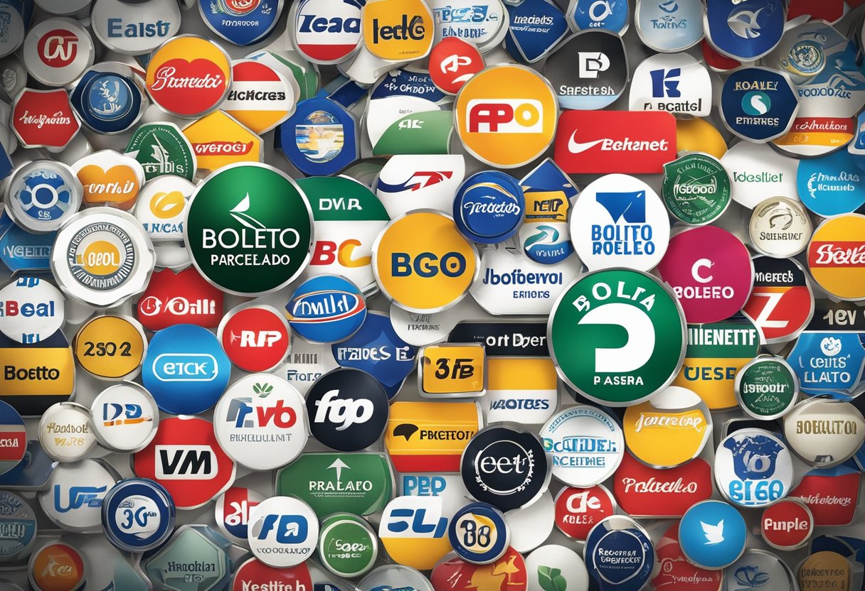 Uma coleção de vários logotipos de lojas com as palavras "Boleto Parcelado" exibidas de forma proeminente, indicando a aceitação de pagamentos parcelados via boleto.