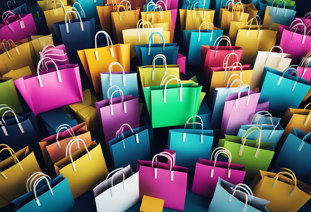 Uma pilha de sacolas de compras coloridas com uma variedade de produtos, cercada por diferentes tipos de métodos de pagamento, incluindo um boleto parcelado.