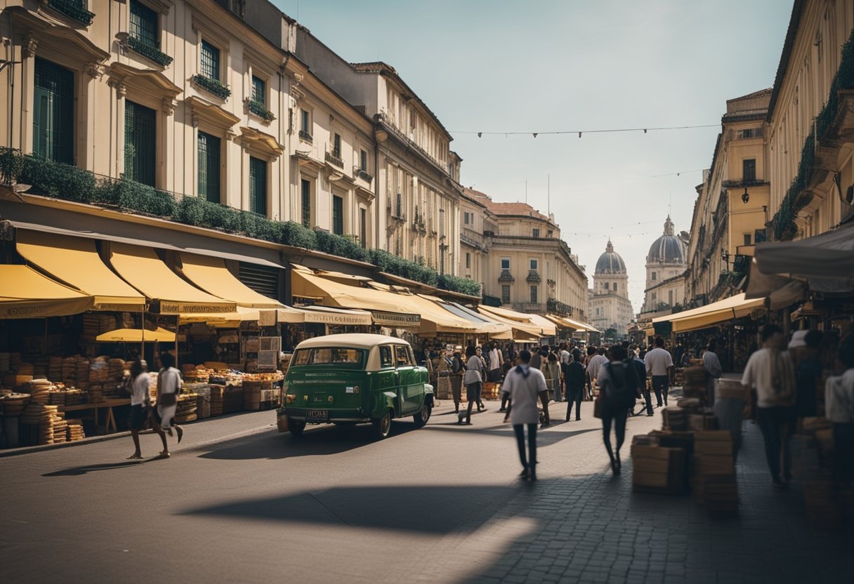 Um mercado movimentado com várias lojas exibindo placas indicando a aceitação de crédito do Banco do Brasil.