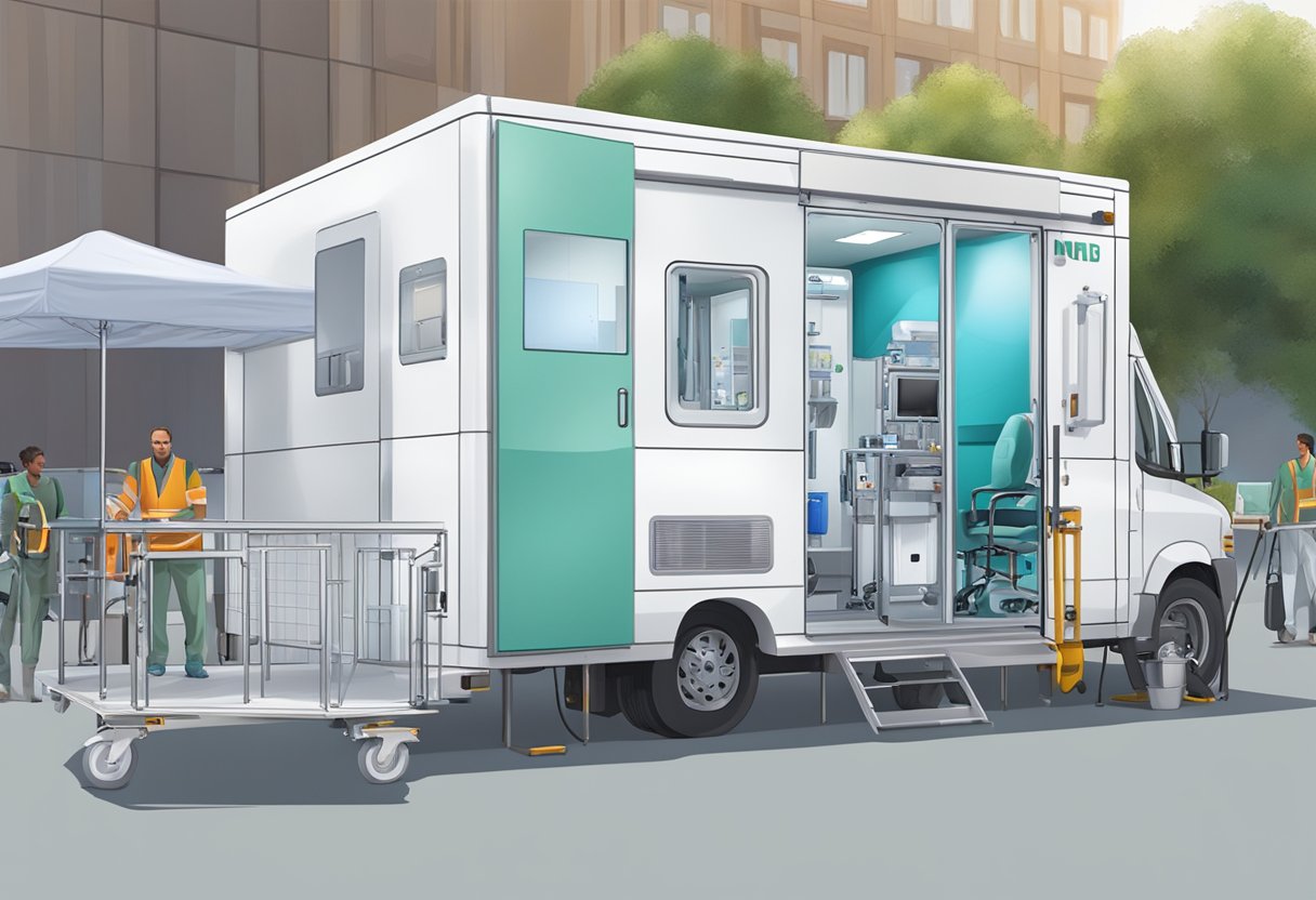 Uma unidade de UTI móvel totalmente equipada estacionada em um evento ao ar livre, com equipe médica e equipamentos visíveis através das portas abertas.