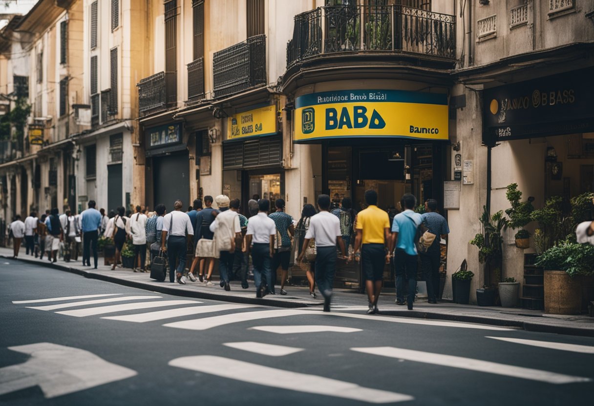 Uma rua movimentada ladeada por várias lojas, incluindo uma placa proeminente do "Crediário Banco do Brasil", com pessoas entrando e saindo das lojas.