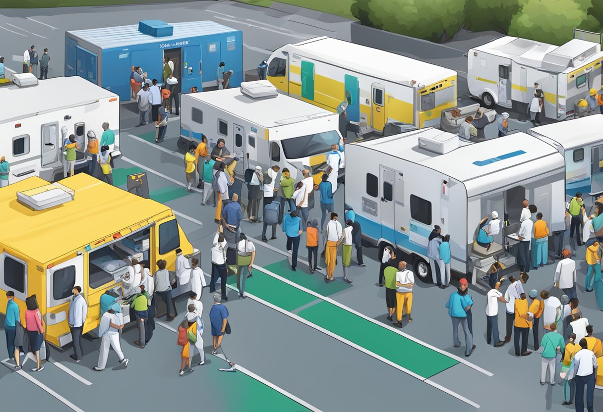 Um evento movimentado com uma unidade de UTI móvel estacionada nas proximidades, pronta para fornecer atendimento médico de emergência.