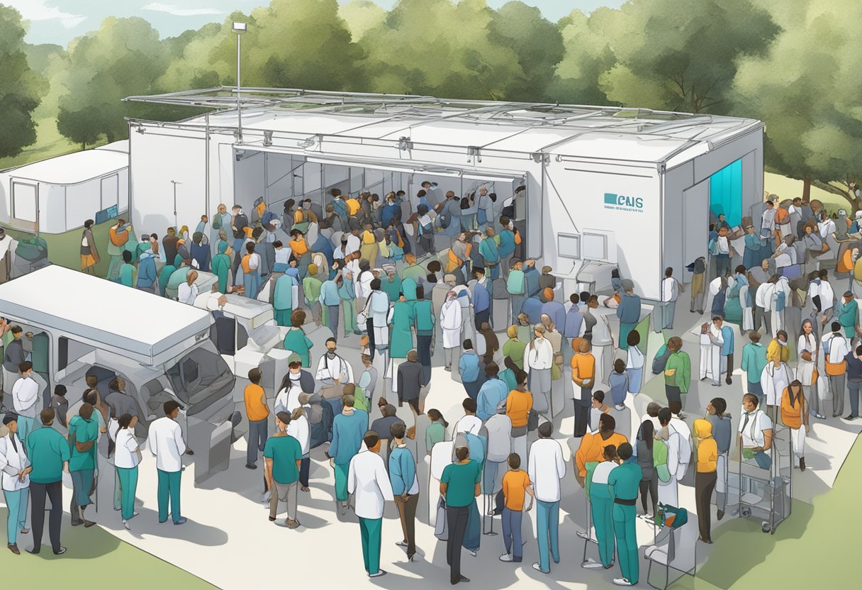 Um evento ao ar livre lotado com um palco e assentos, cercado por pessoal médico e equipamentos, com uma unidade de UTI móvel estacionada nas proximidades.