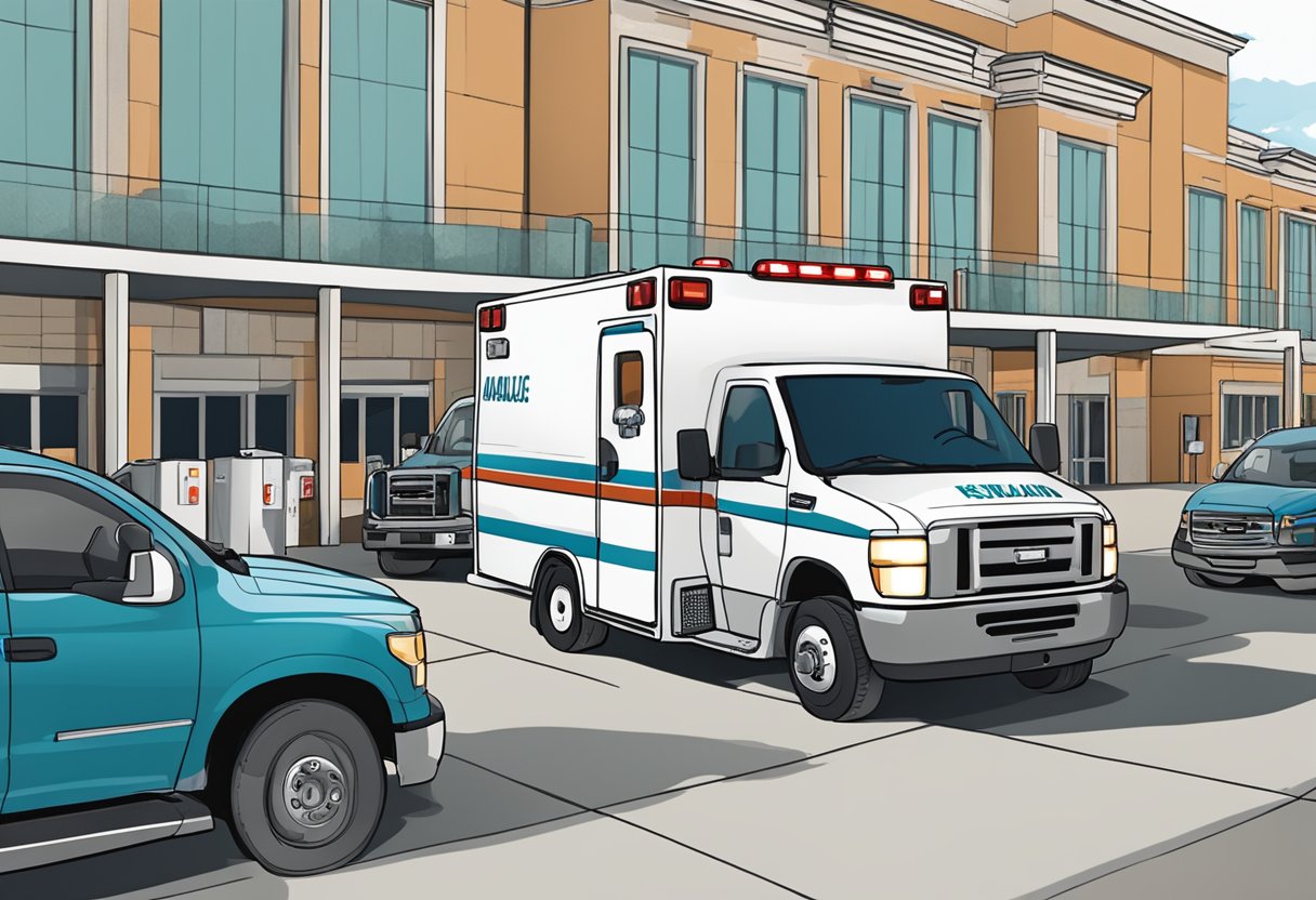 Uma ambulância estacionada do lado de fora de um local de evento, com equipamentos médicos sendo descarregados e montados para cobertura no local.