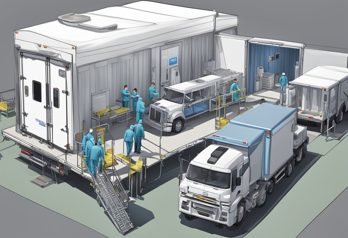 Uma unidade de UTI móvel estacionada em um local de evento, com equipamentos médicos sendo descarregados de um caminhão de logística.